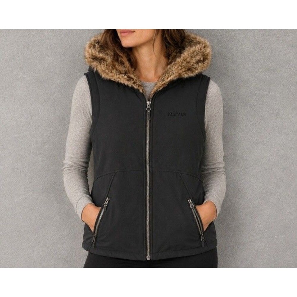 Marmot Black Fleece Jacket Vest With Faux Fur Lined Hood